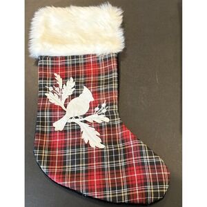 Plaid Cardinal Bird White Faux Fur Trim  Christmas Holiday Stocking 17.5 Inch